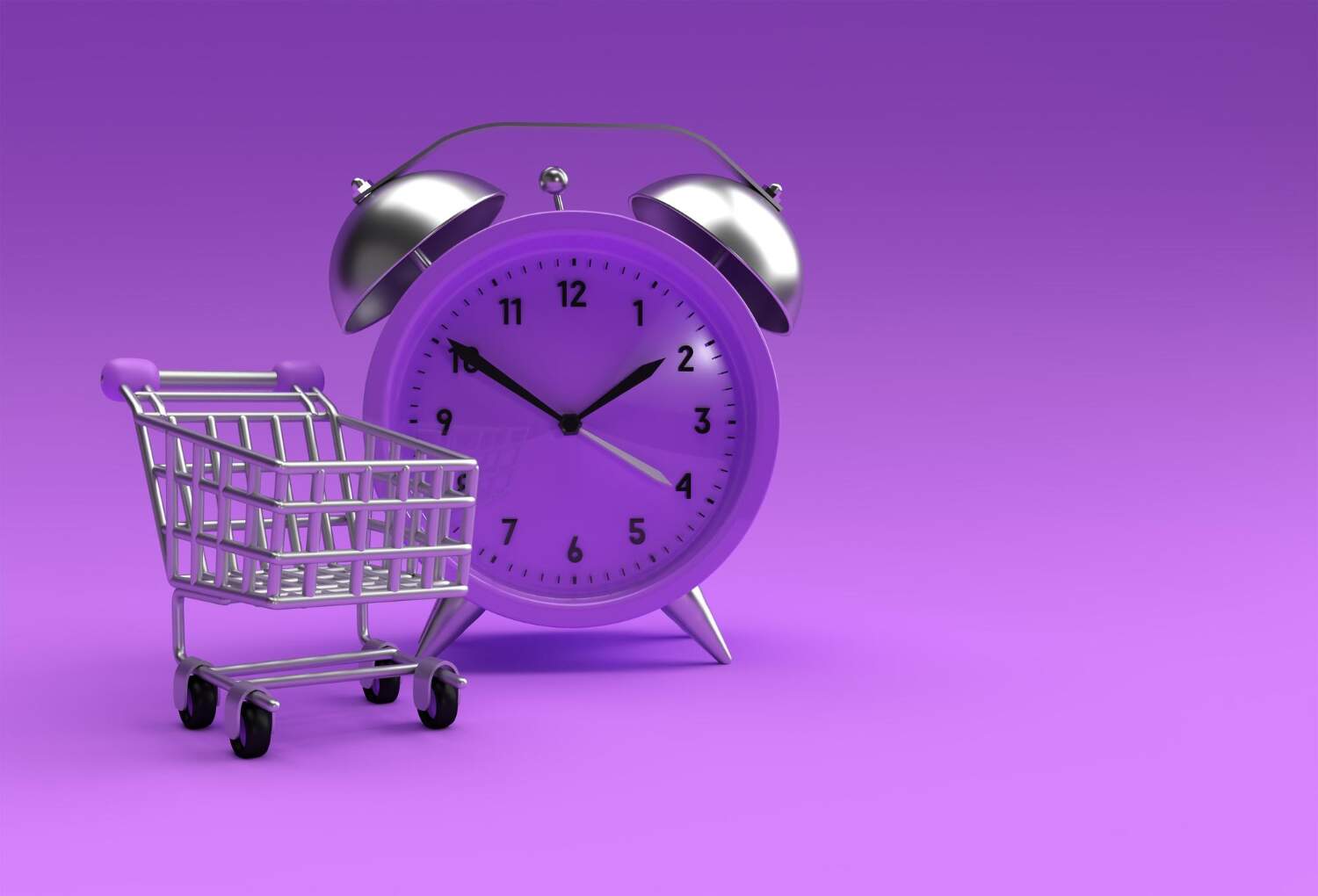 vender online na black friday é representado com uma imagem roxa, com um relógio e um carrinho de mercado pequenos, lado a lado
